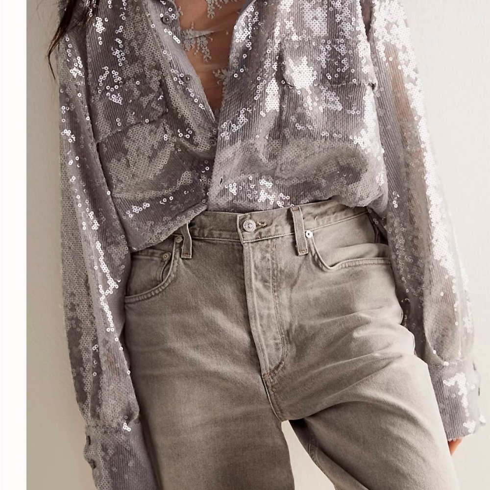 Free People Silver Sequin Button Down Shirt NWT